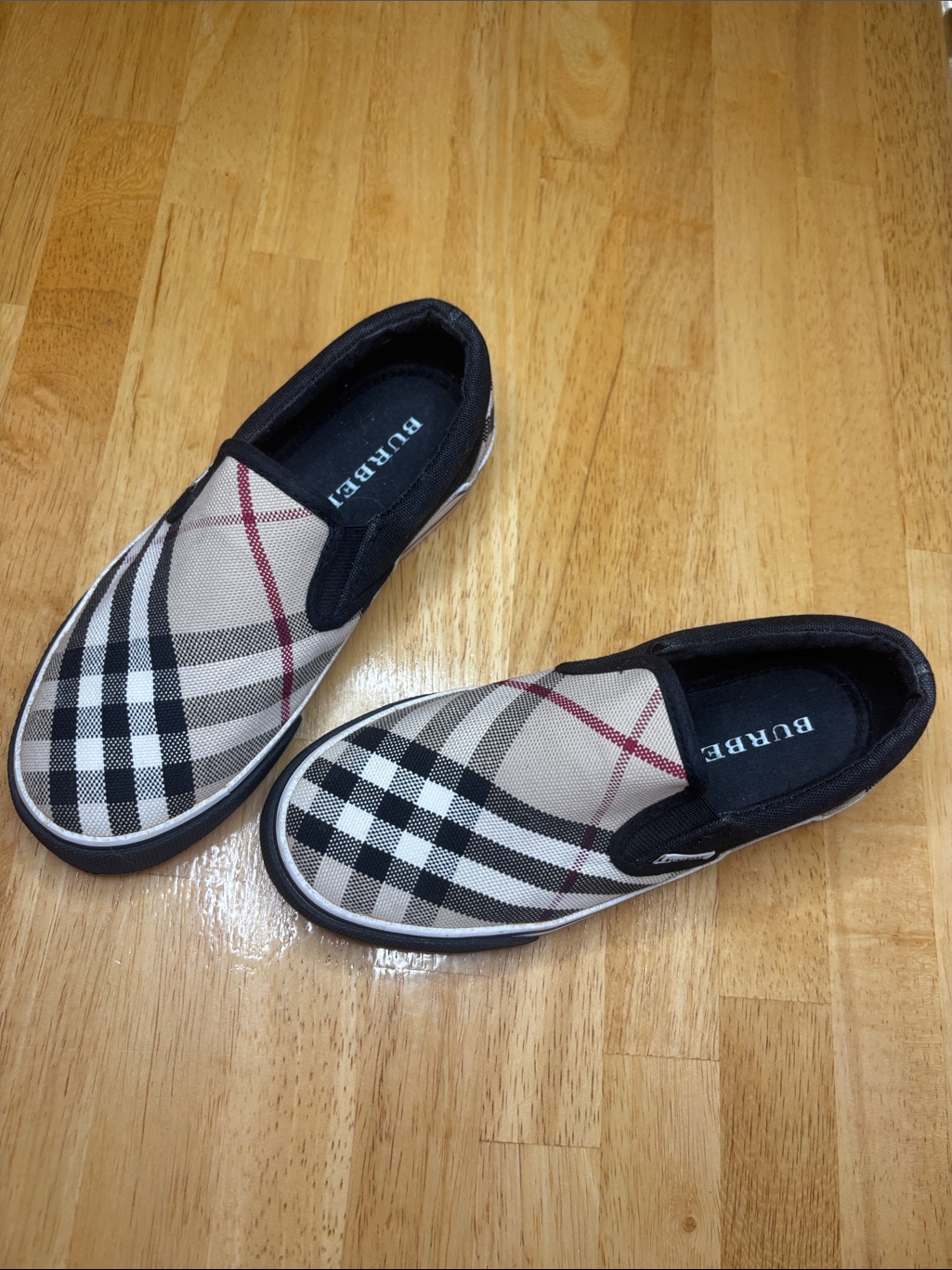 Burberry Beige Plaid Slip-On Sneakers With Black & Red Accents